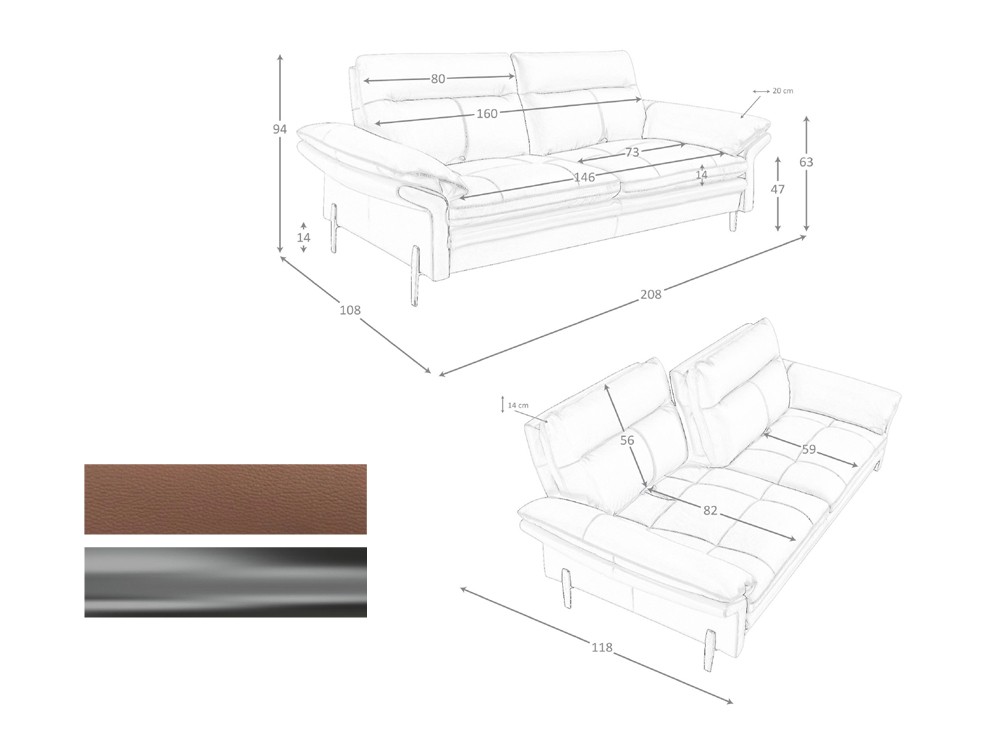 Medidas y acabados del sofá de dos plazas 6242 de Ángel Cerdá