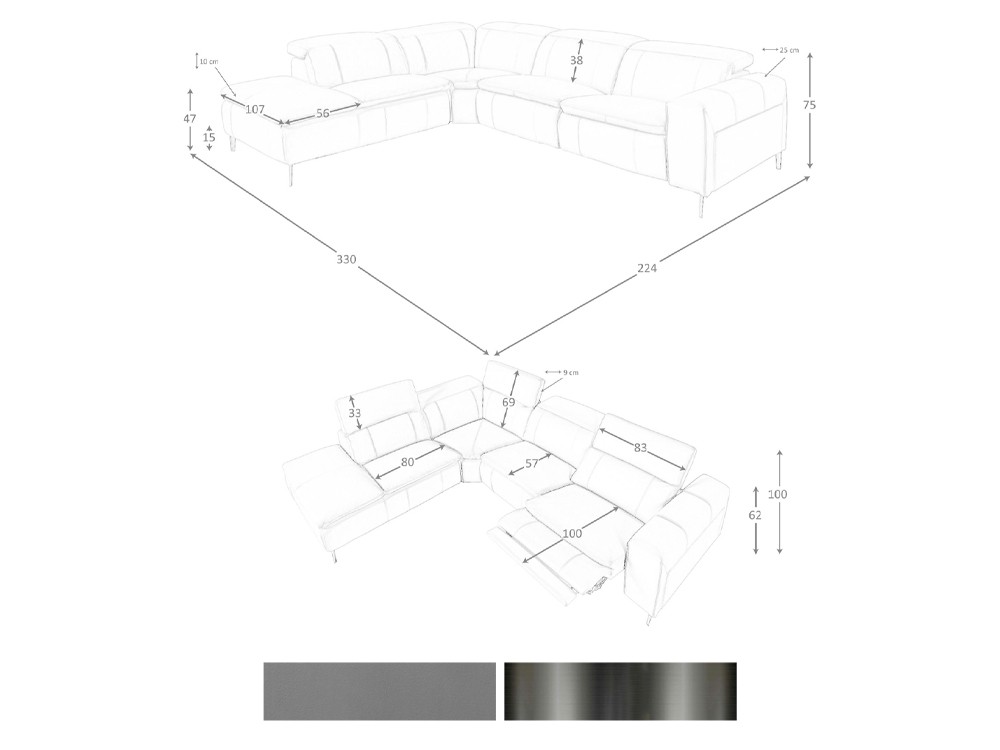 Medidas del sofá rincón con módulo terminal tapizado en piel 6217 o 6218 Ángel Cerdá