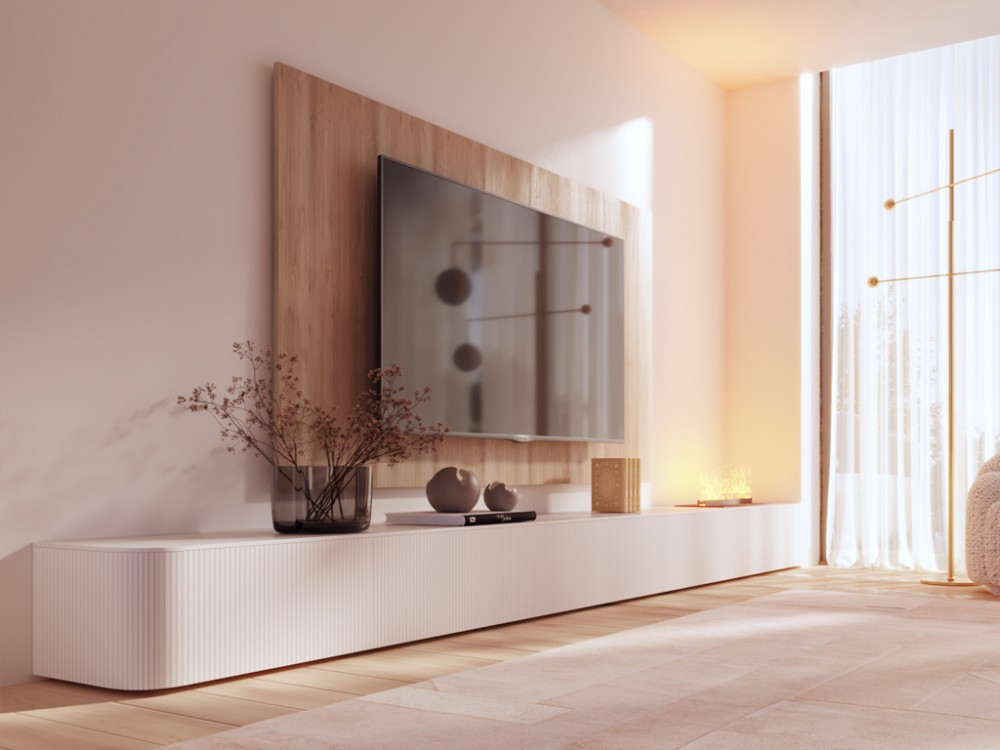 Mueble TV curvo con chimenea 825 Piñero y Cabrero