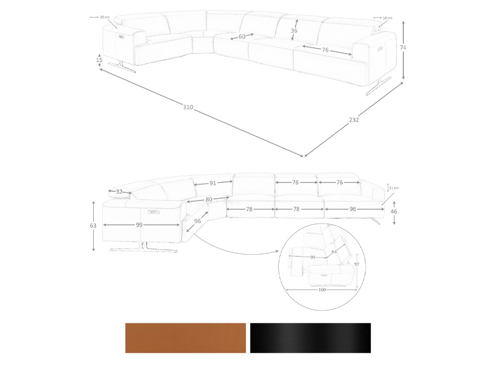 Medidas y acabados del sofá relax rincón tapizado en piel 6263 de Ángel Cerdá