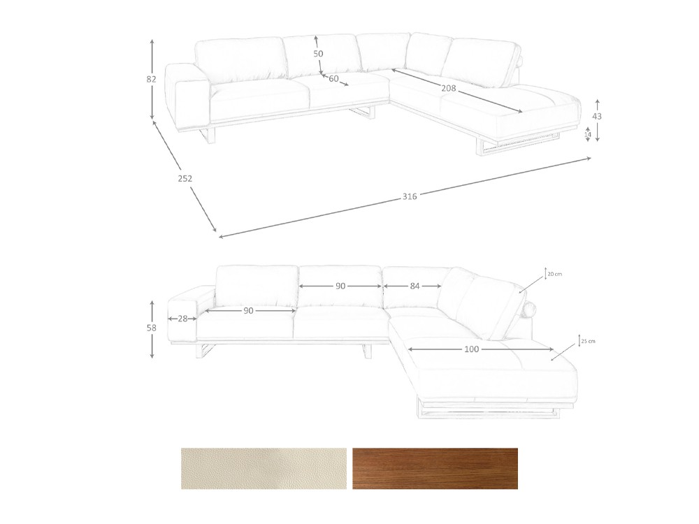 Medidas y acabados del sofá rincón tapizado en piel 6203 o 6204 de Ángel Cerdá