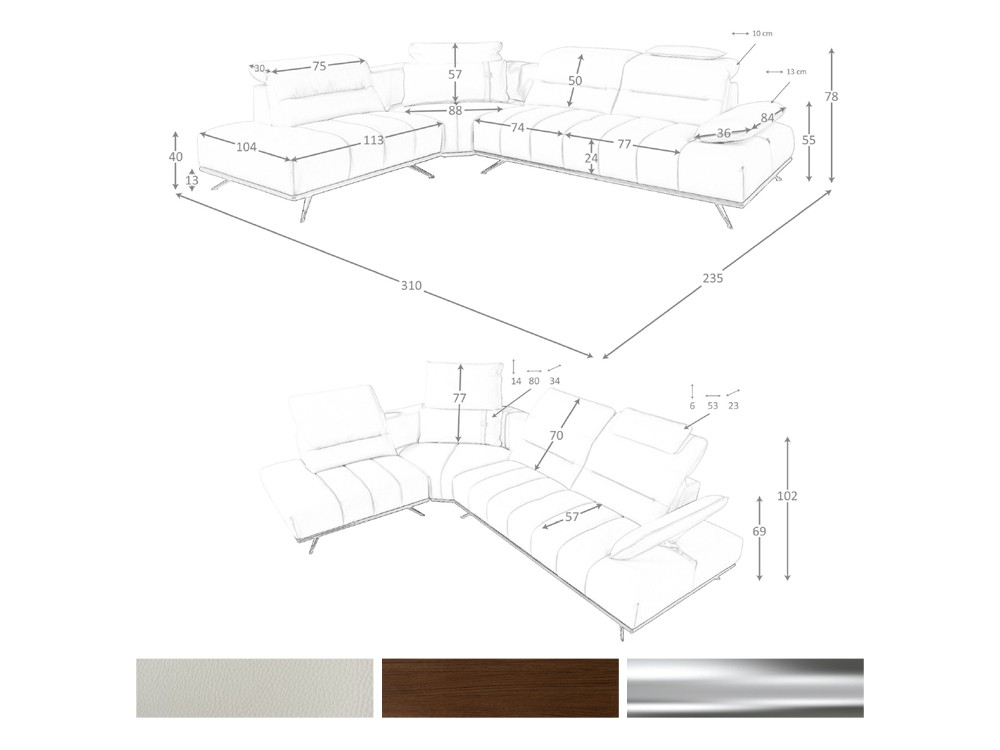 Medidas y acabados del sofá rincón tapizado en piel 6244 o 6243 de Ángel Cerdá