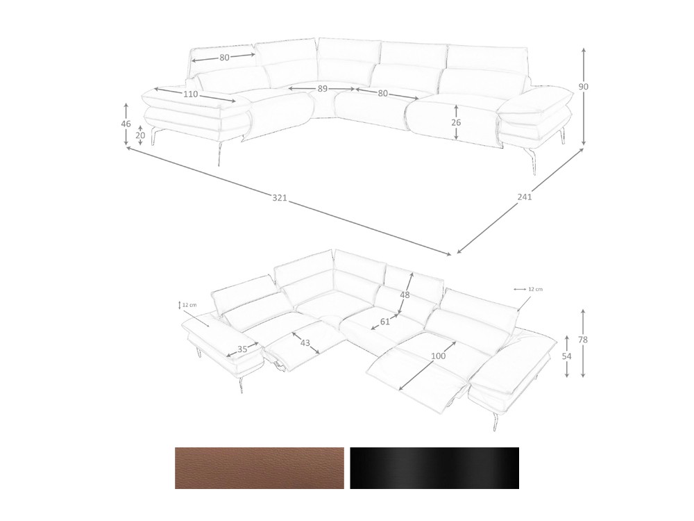 Medidas y acabados del sofá relax rincón tapizado en piel 6239 de Ángel Cerdá