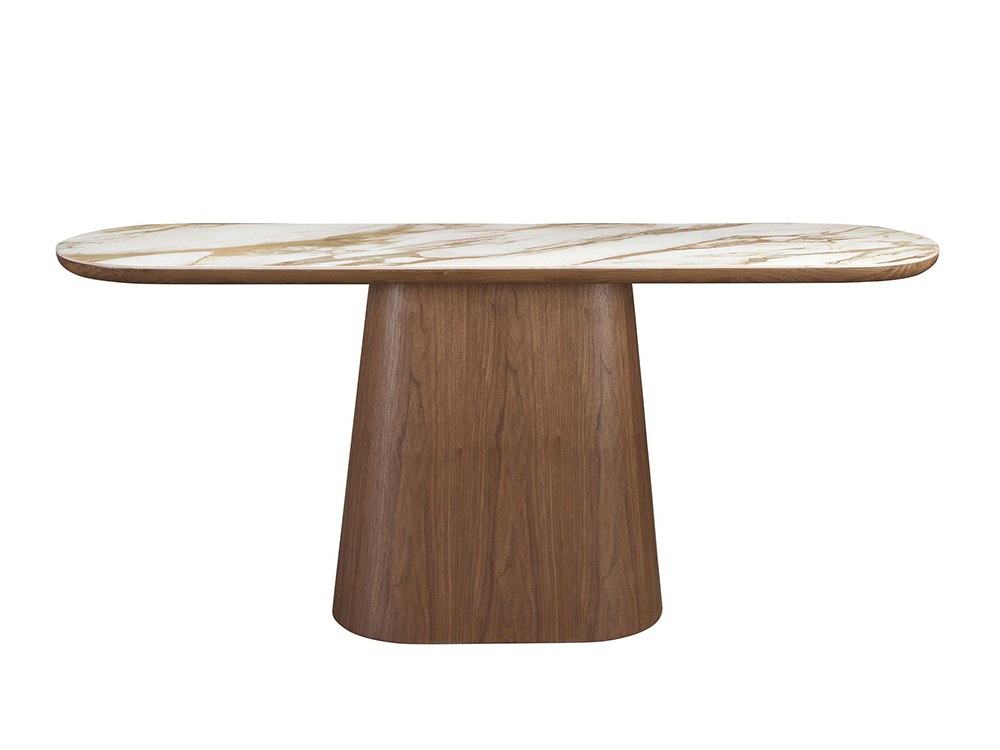 con base escultórica de formas redondeadas en chapa natural de nogal, consola 3284