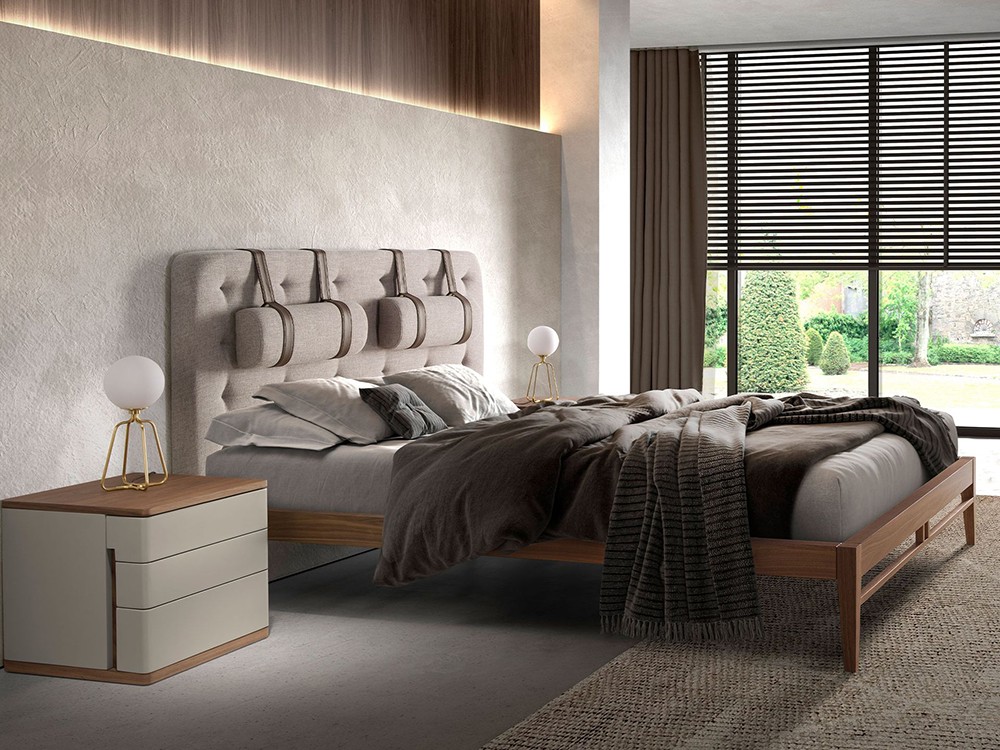 Cama con cabecero tapizad y estructura en chapa natural de nogal 7179 de Ángel Cerdá