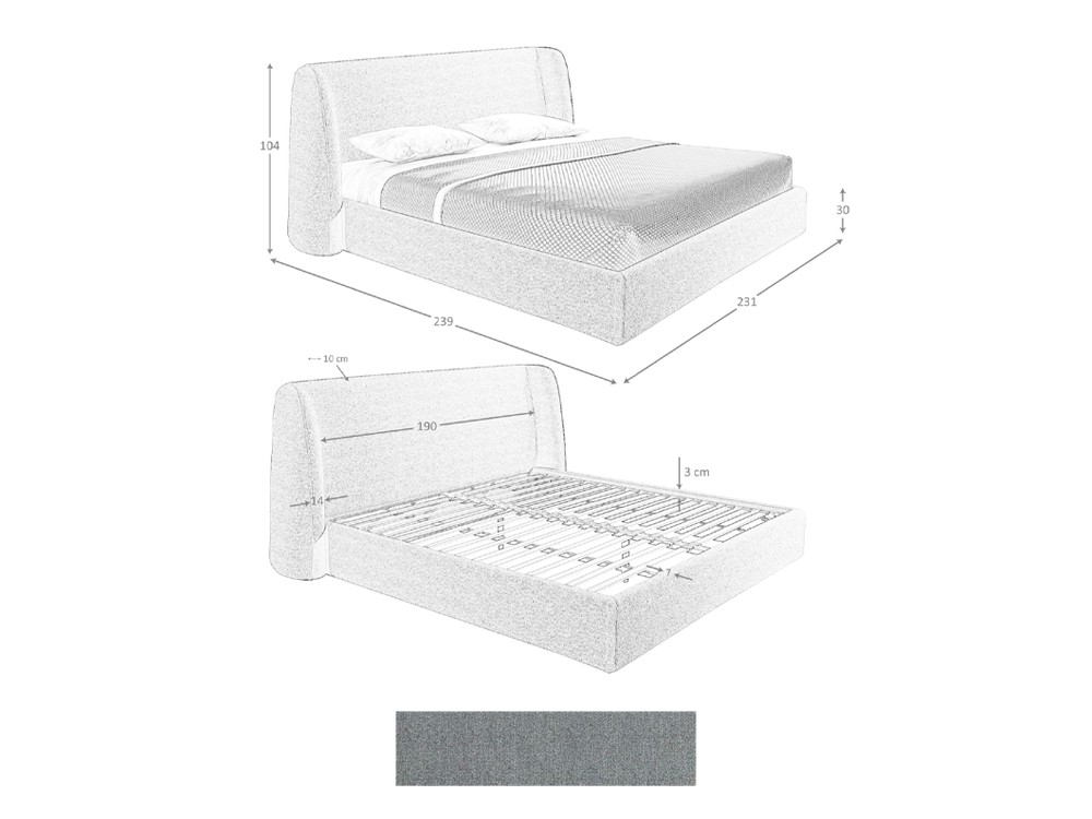 Medidas y acabados de la cama tapizada con mesitas 7145 de Ángel Cerdá