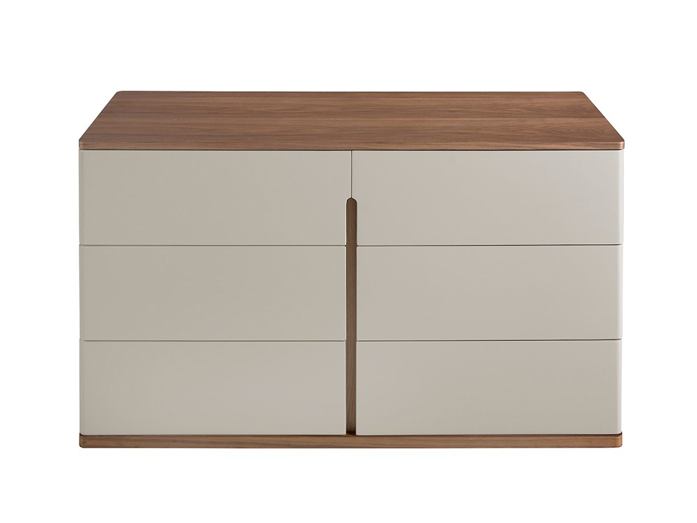 En acabado lacado en gris combinado con chapa natural de nogal, cómoda 7168 de Ángel Cerdá