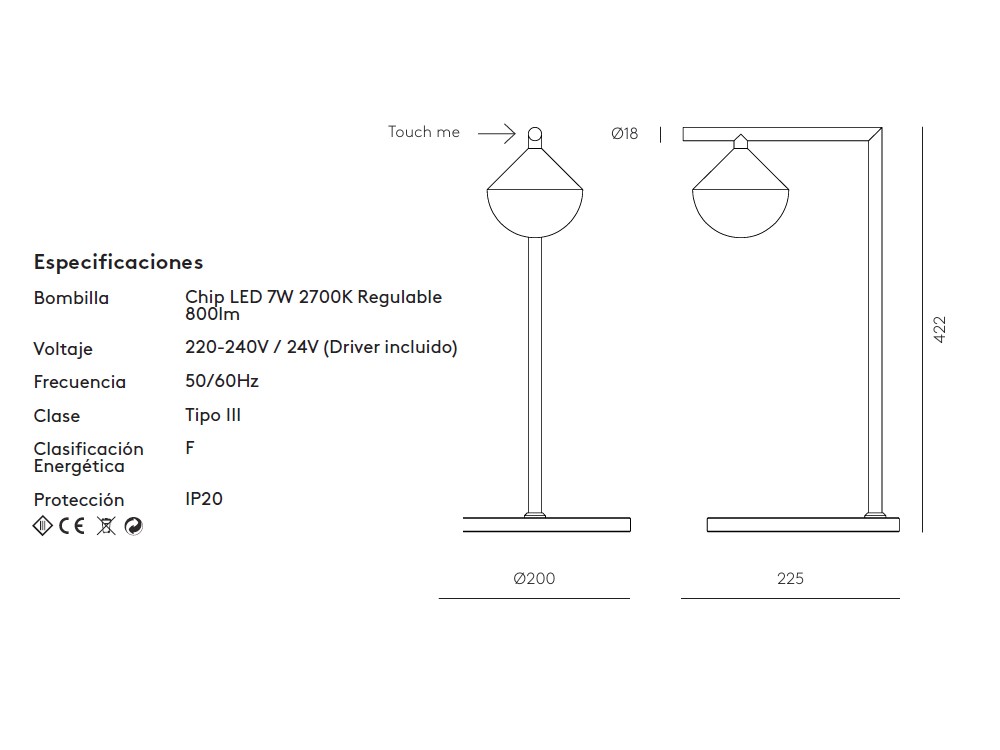 Medidas lámpara de sobremesa Nino de Aromas