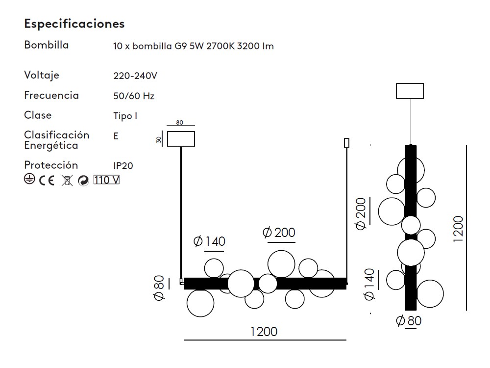 Medidas lámpara de techo Lera de Aromas