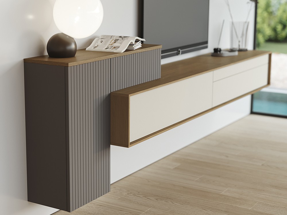 Combina la chapa natural de roble tostado con los frentes lacados en el mueble ZM502 de García Sabaté