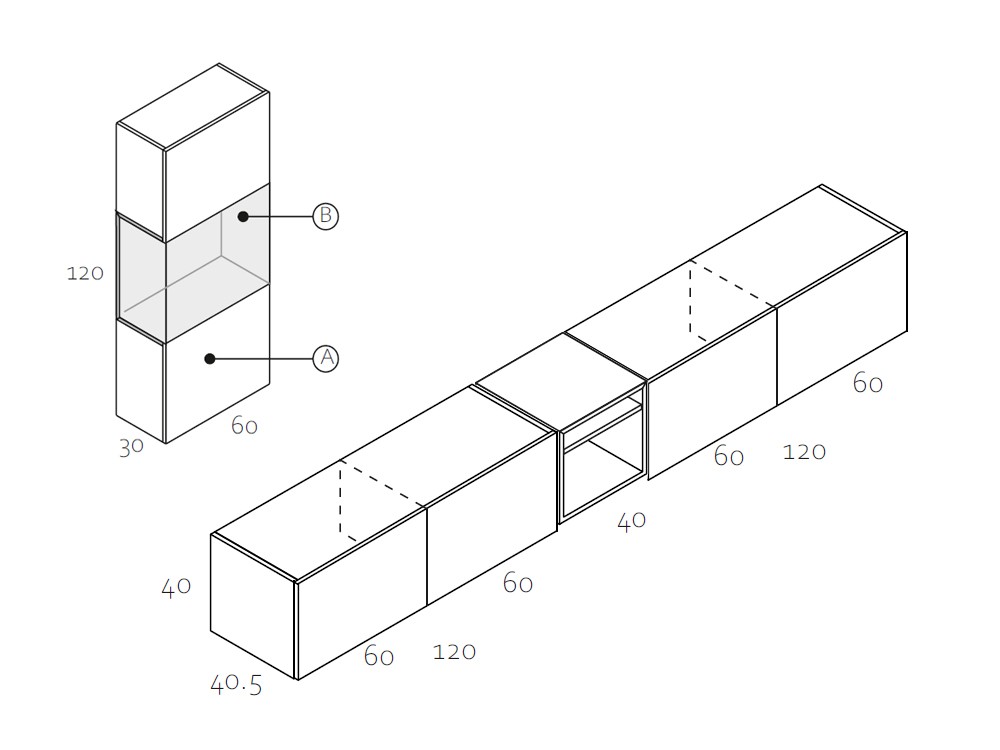 Medidas y módulos de la composición para salón de García Sabaté Zoom 507