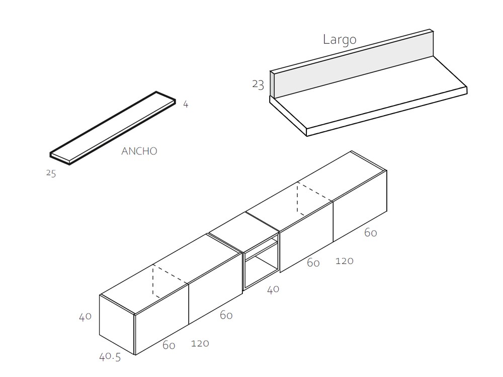 Medidas y módulos de la composición para salón con estante de García Sabaté Zoom 507B