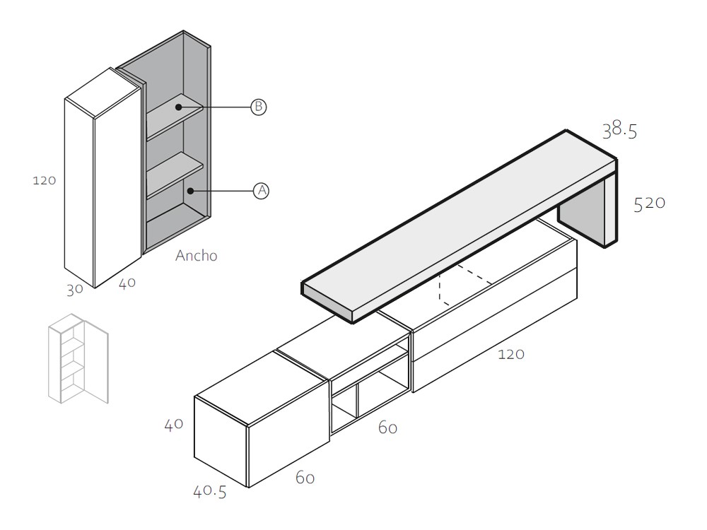 Medidas y módulos de la composición de mueble de tv de García Sabaté de la colección Zoom 509