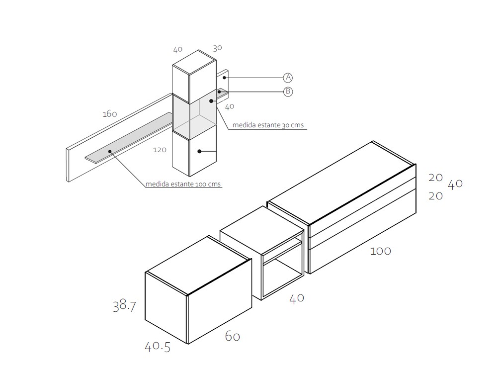 Medidas y módulos de la composición para salón RP003 de Glicerio Chaves.