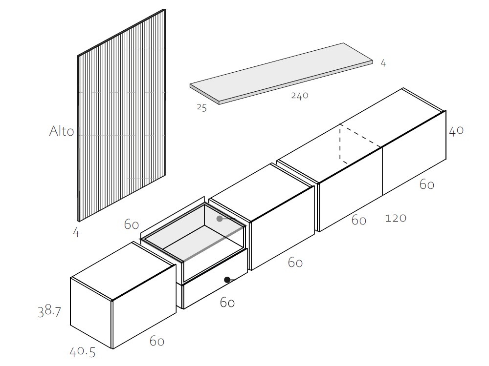 Medidas y módulos de la composición 006B de la colección Replay de García Sabaté
