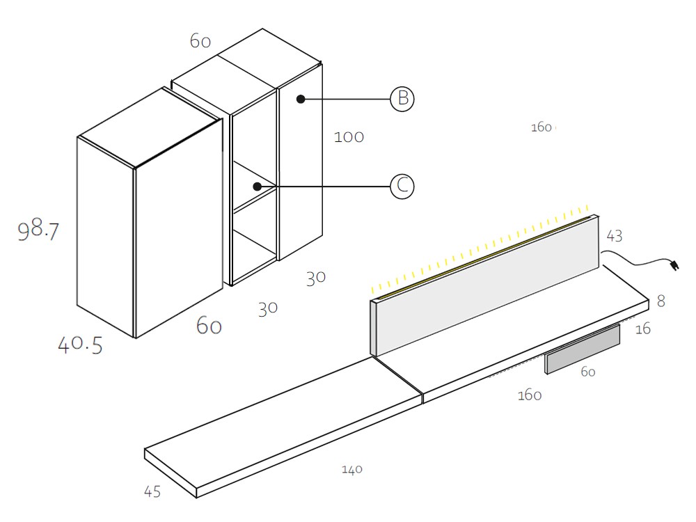 Medidas y módulos de la composición para salón RP010 de García Sabaté