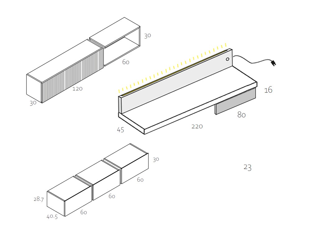 Medidas y módulos de la composición para salón RP014 de García Sabaté