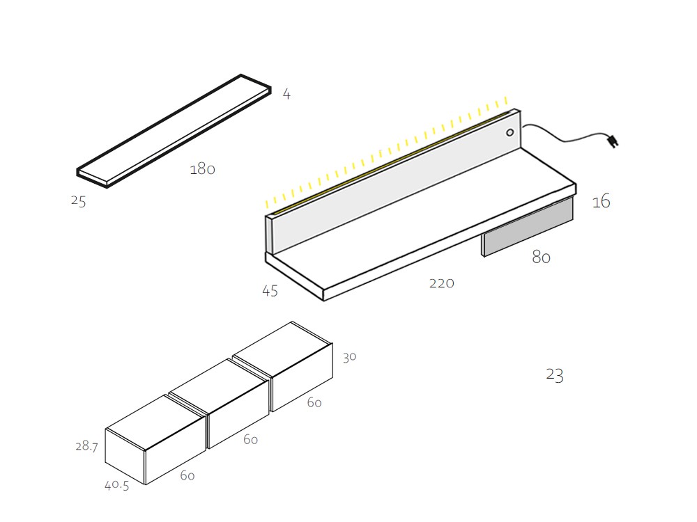 Medidas y módulos de la composición para salón RP014B de García Sabaté