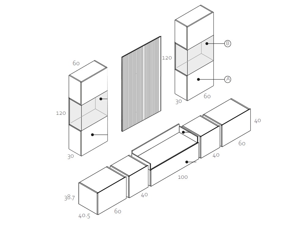 Medidas y módulos de la composición 015 de la colección Replay de García Sabaté
