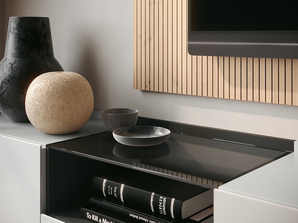 Detalle del módulo con tapa de cristal templado transparente de la colección Replay de García Sabaté