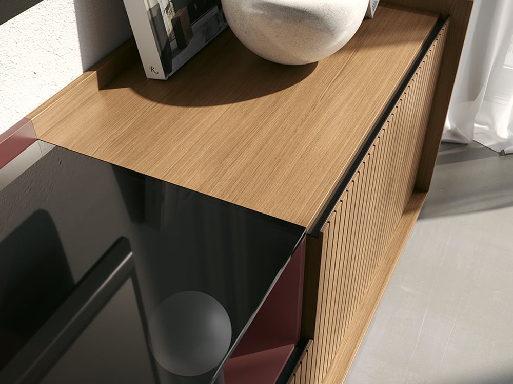 Detalle del sobre de cristal templado del mueble TV 101 de la colección Replay de García Sabaté