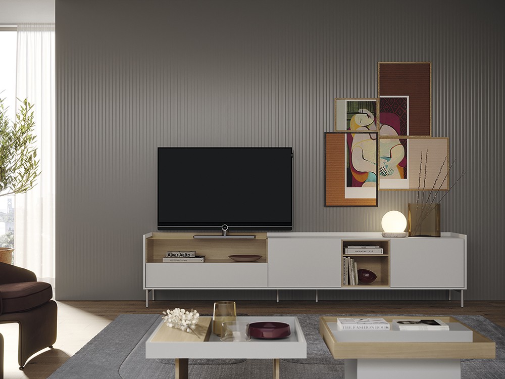 Mueble para TV que combina la chapa natural con laca Replay 104 de García Sabaté