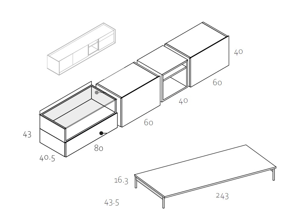 Medidas y módulos del mueble para televisión RP104 de García Sabaté