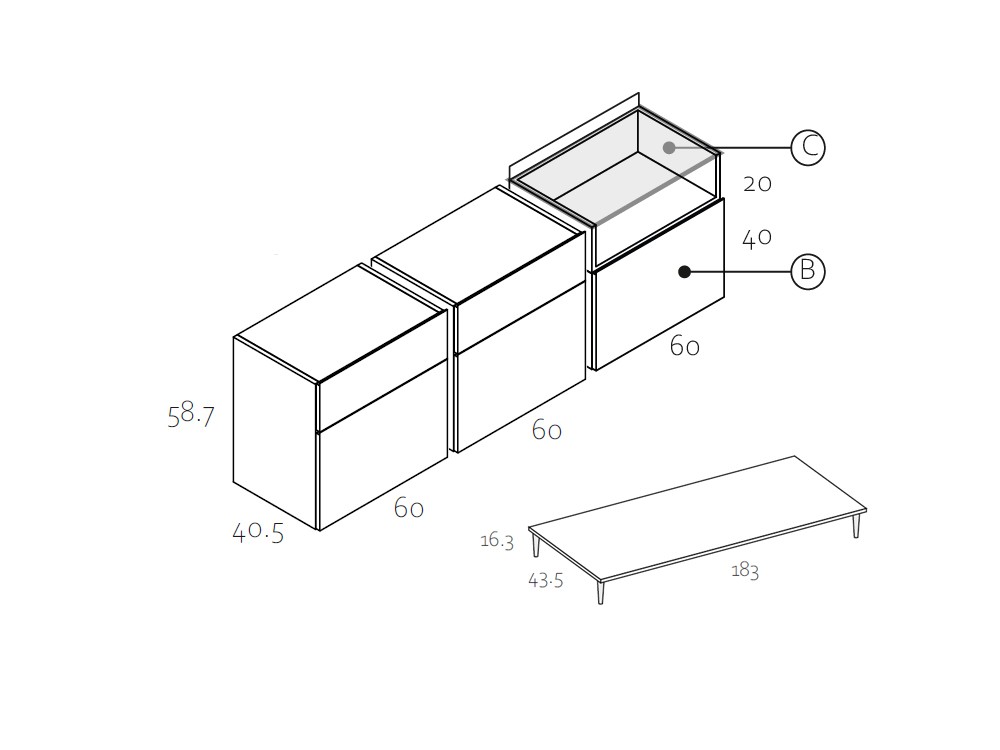 Medidas y módulos del aparador bajo 106 Replay de García Sabaté