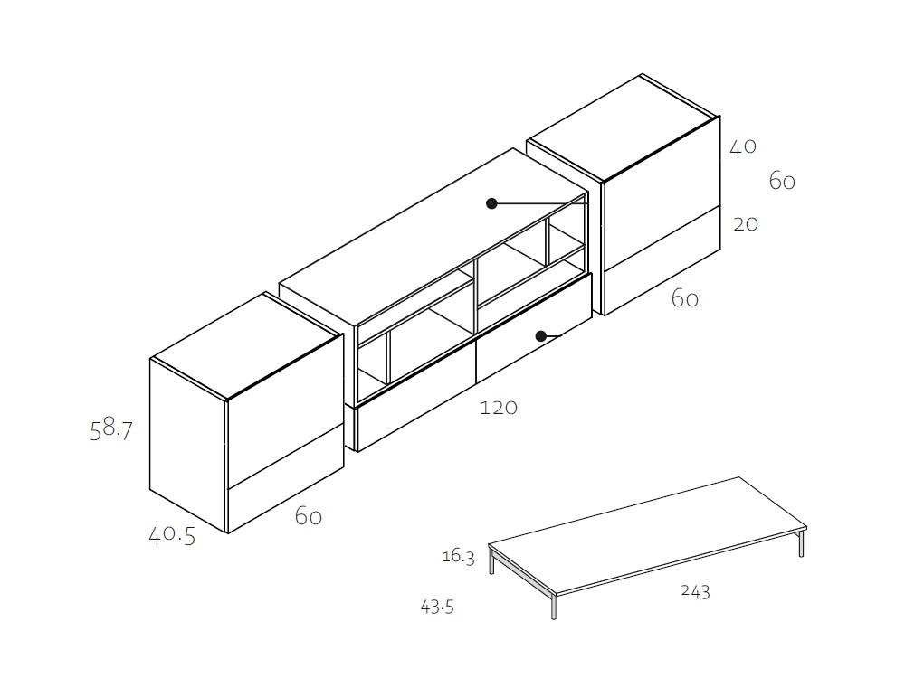 Medidas y módulos del aparador bajo 107 Replay de García Sabaté