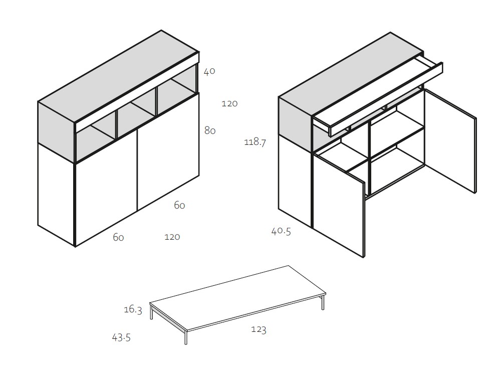 Medidas y módulos del aparador alto 108 Replay de García Sabaté