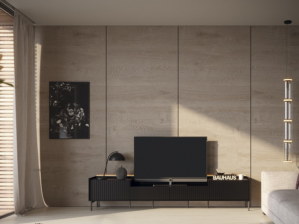 Mueble para TV que combina la chapa natural con laca Replay 110 de García Sabaté