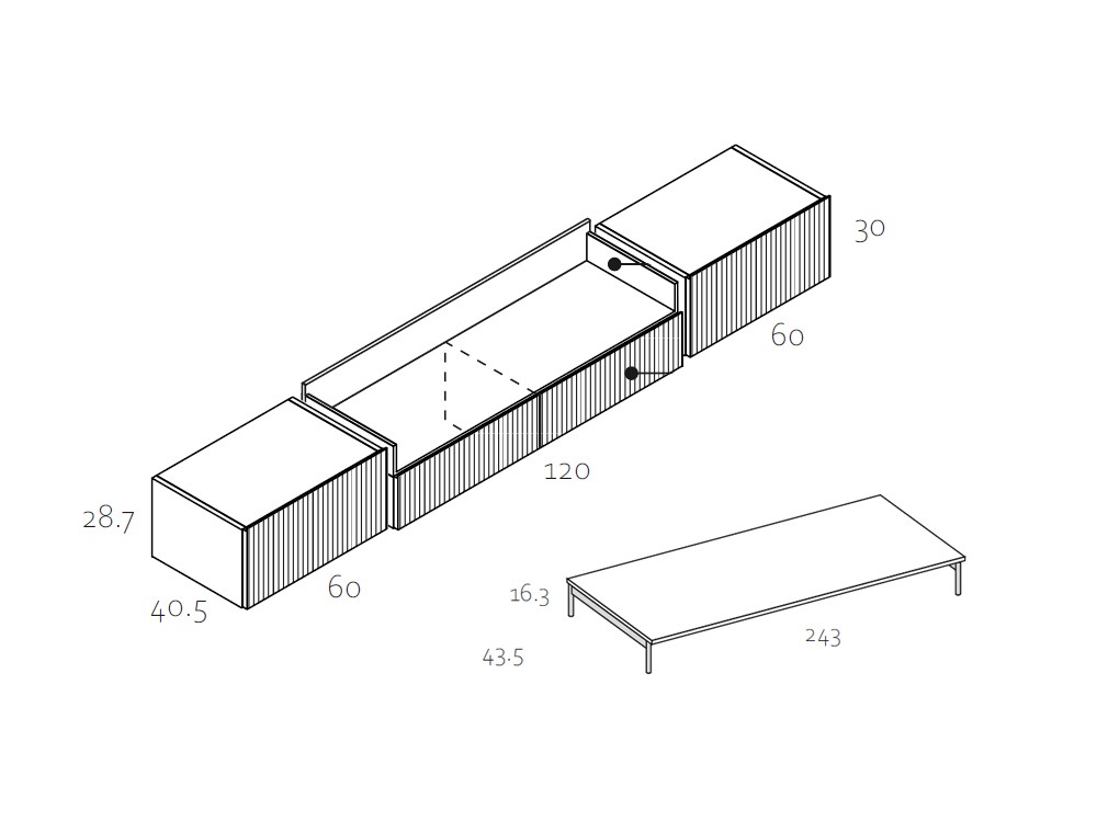 Medidas y módulos del mueble para televisión Soho RP110 de García Sabaté