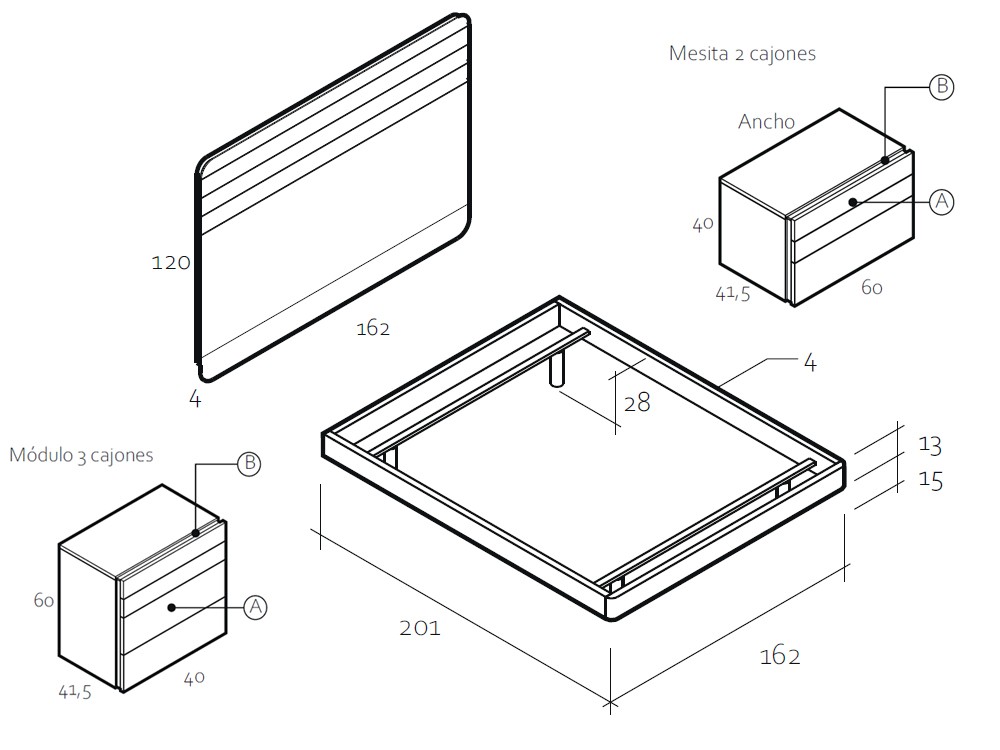 Medidas y módulos del dormitorio Nano class Chic 004 de García Sabaté