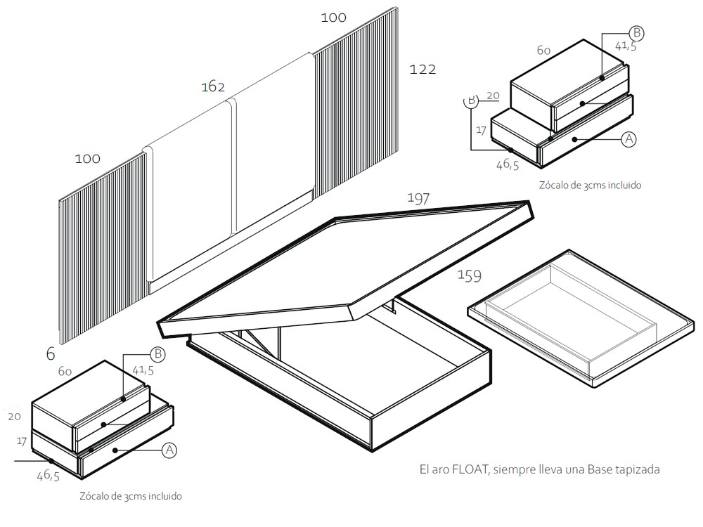 Medidas y módulos del dormitorio con cabecero Siena tapizado Chic 010 de García Sabaté