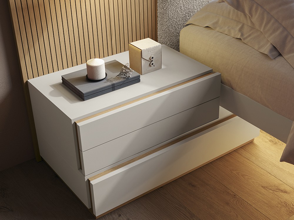 Detalle de la mesita de noche con distintos volúmentes, del dormitorio Siena Float 10 chic