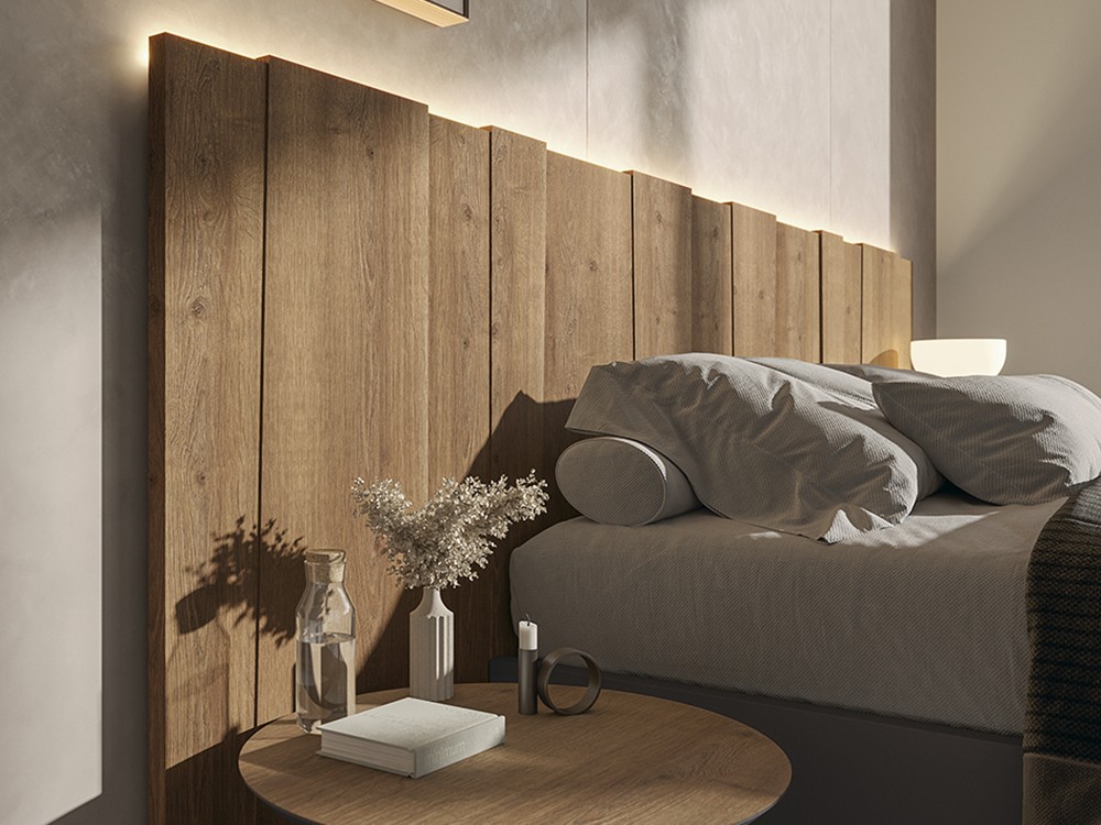 Detalle del cabecero Krypton con con tablas desiguales en altura de García Sabaté Chic