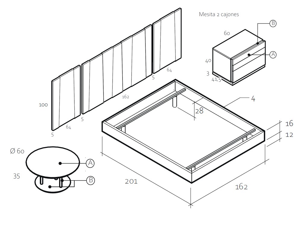 Medidas de la composición 012 de dormitorio de la colección Chic de García Sabaté
