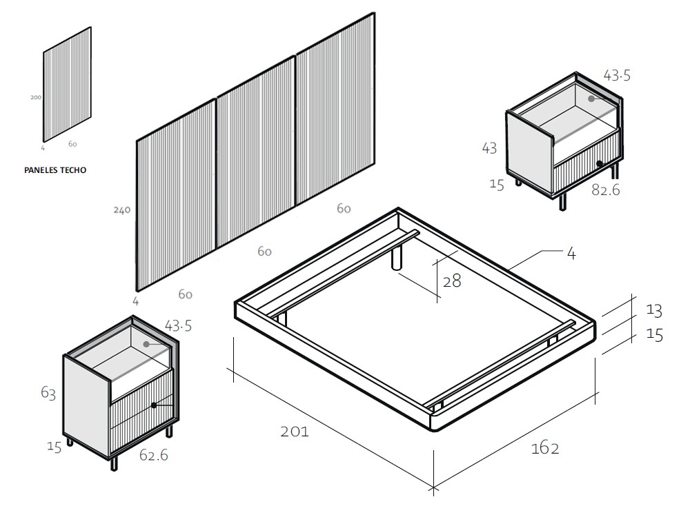 Medidas y módulos del dormitorio Pannel Chic 014 de García Sabaté