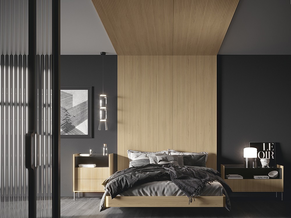 Dormitorio Pannel con paneles alistonados en techo chic 014 en chapa natural de García Sabaté