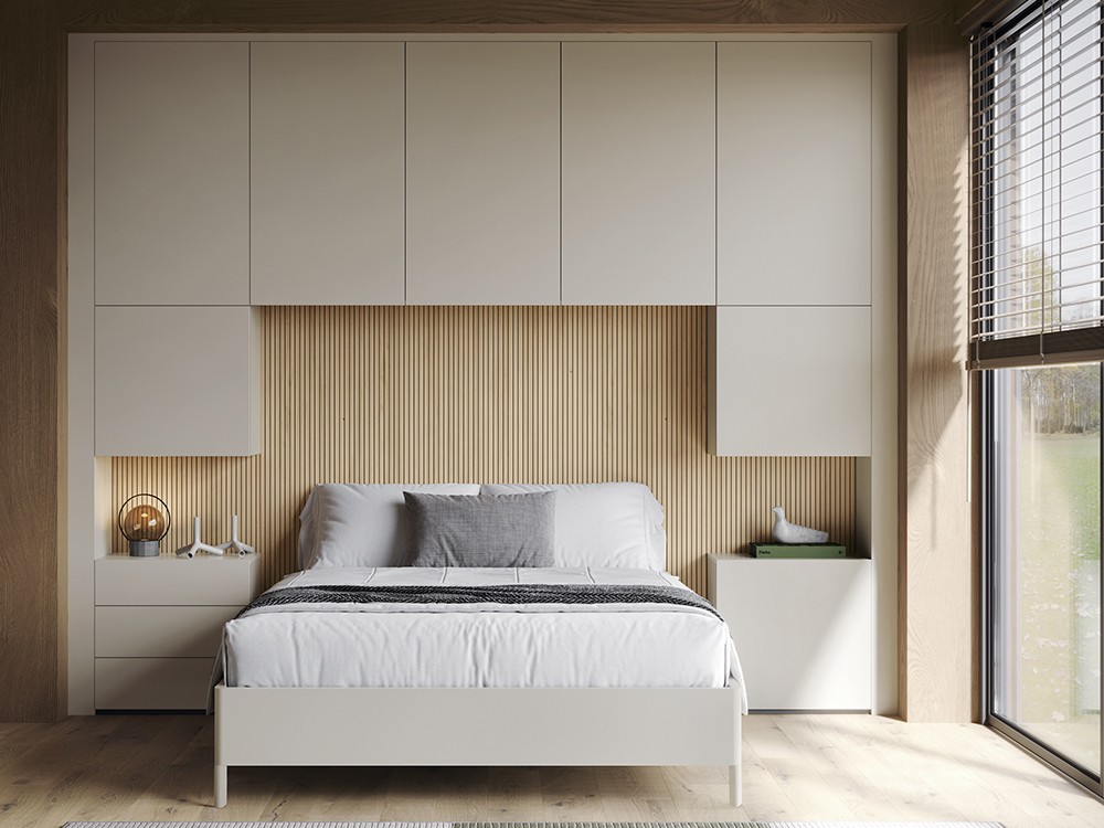 Dormitorio completo con puente con armarios, mesitas y base abatible con arcón Pannel Slim Chic de García Sabaté