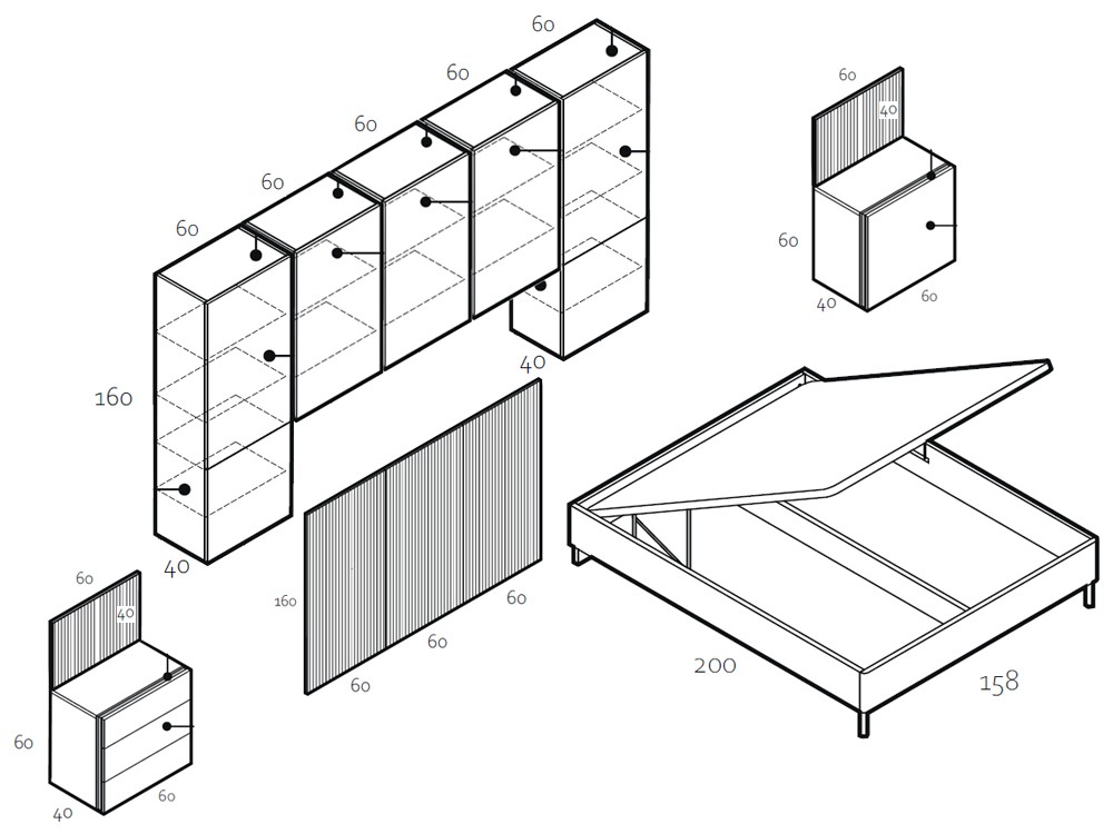 Medidas y módulos de la composición 016 de dormitorio de la colección Chic de García Sabaté