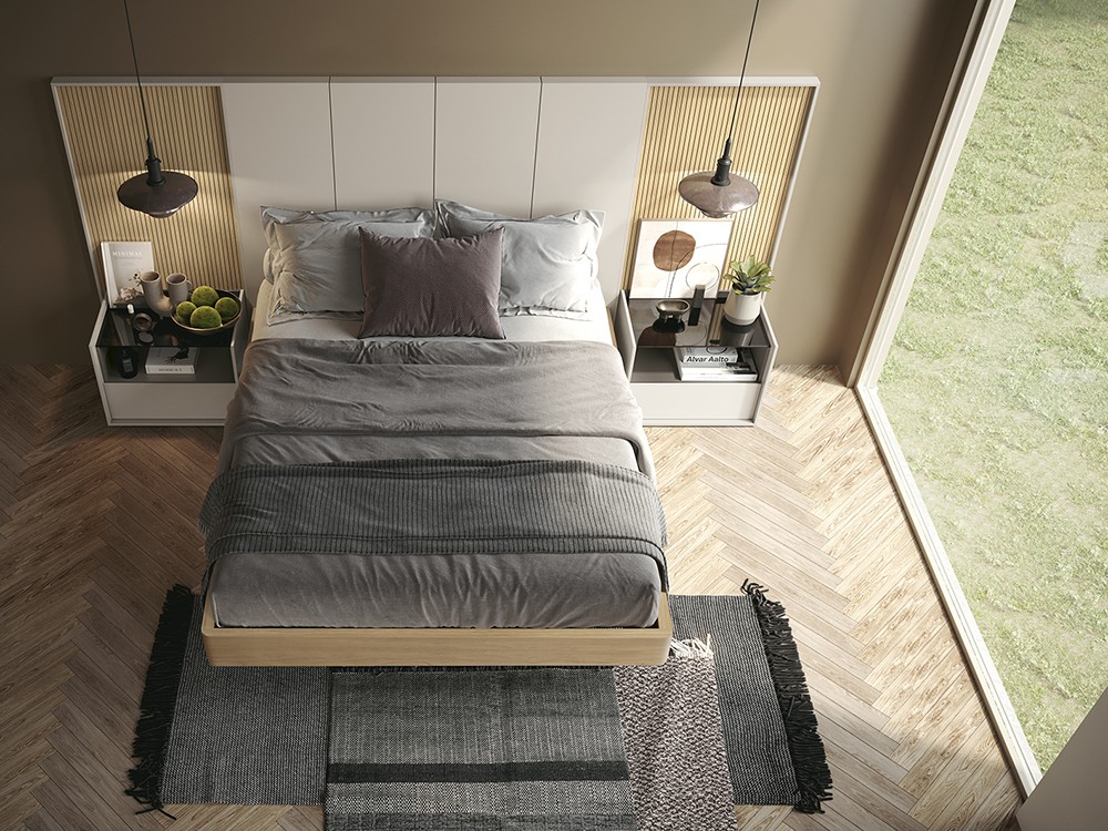 Cama con cabecero corrido liso y alistonado y aro Class de la colección Chic de garcía sabaté