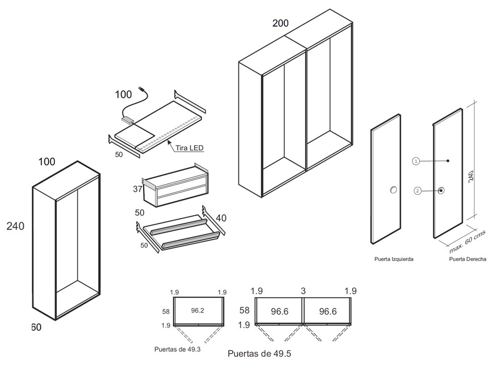 Medidas de la composición de armario Fora vestidor M007 de García Sabaté