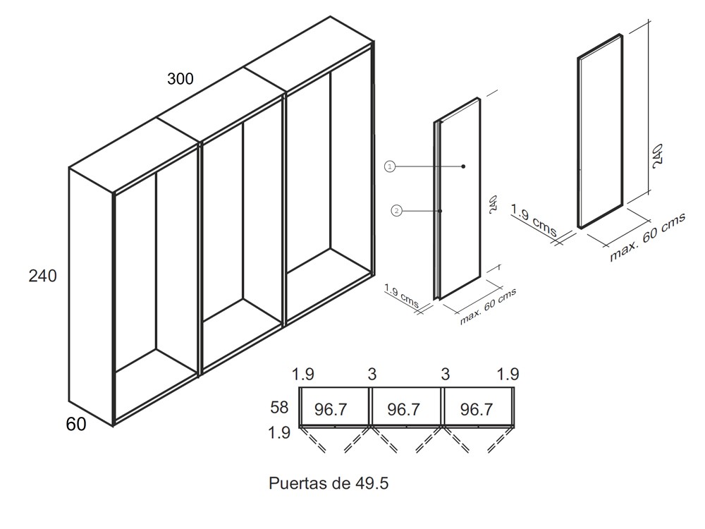 Medidas y módulos del armario de puertas Yoga y Zero de la colección Misura de García Sabaté