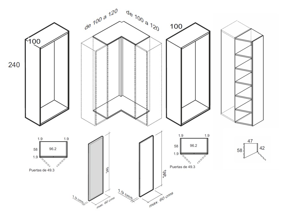 Medidas y módulos del armario de rincón puertas batientes de la colección Misura de García Sabaté