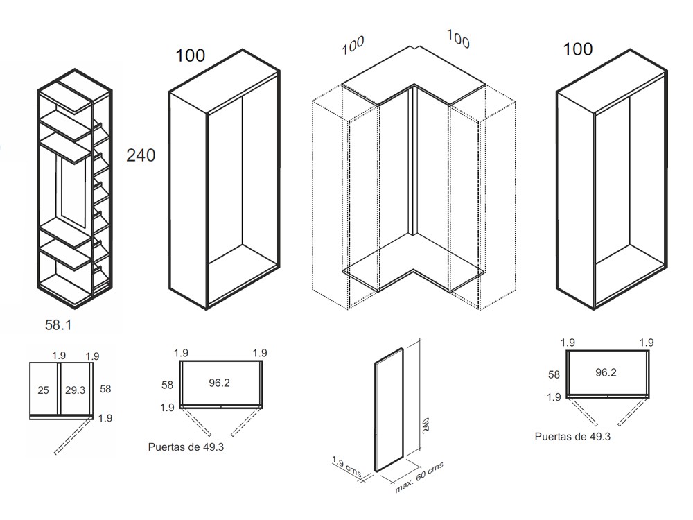 Medidas y módulos del armario de rincón puertas batientes de la colección Misura de García Sabaté