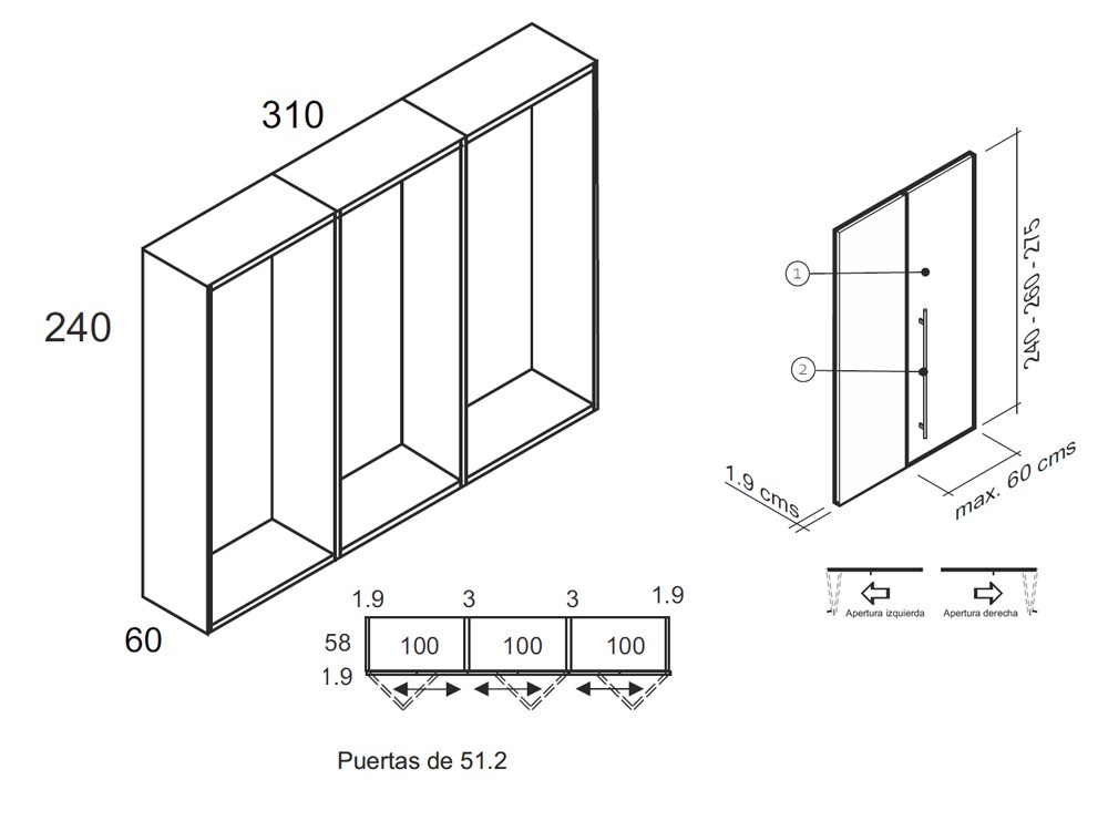 Medidas y módulos del armario de puertas plegables Epsilon de la colección Misura de García Sabaté