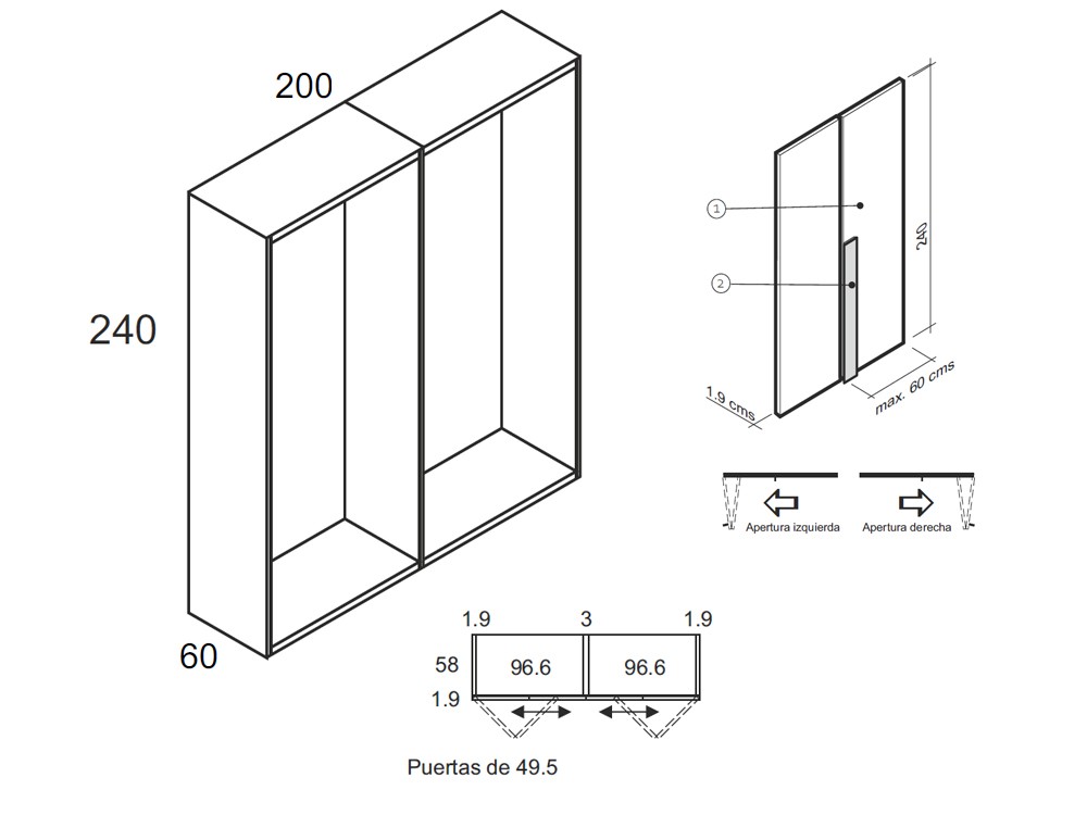 Medidas y módulos del armario de puertas plegables Cross de la colección Misura de García Sabaté