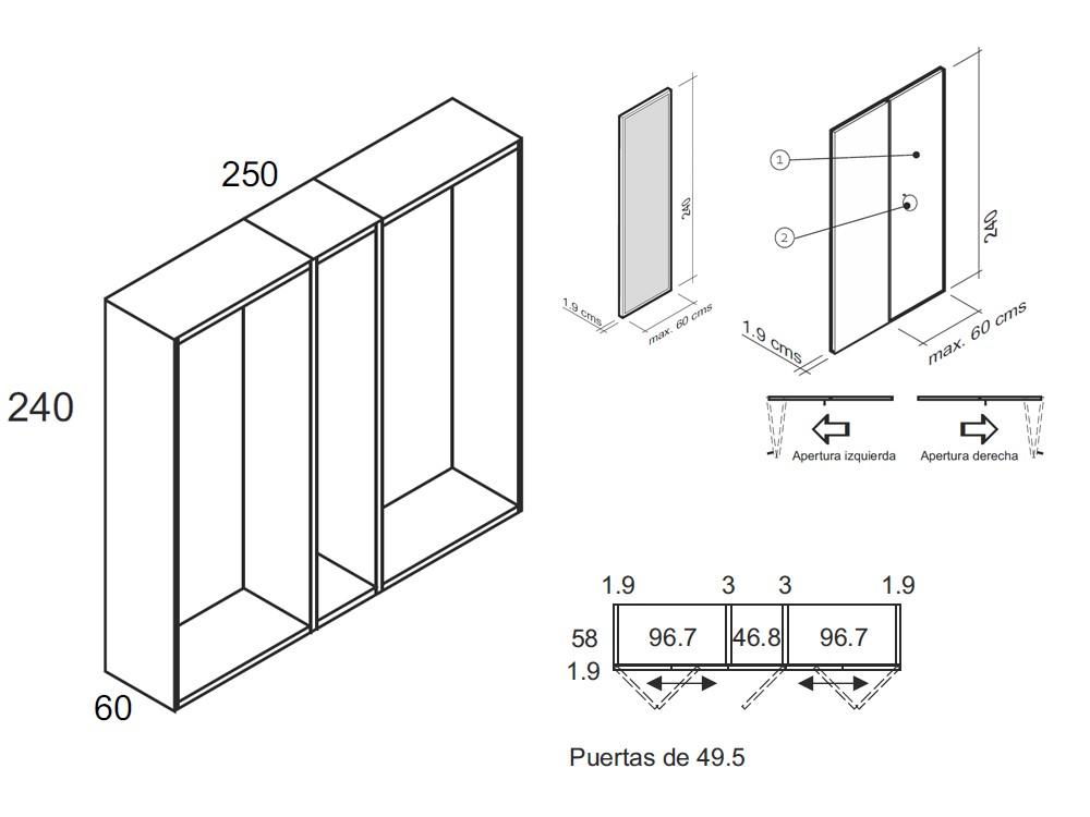 Medidas y módulos del armario de puertas plegables Fora de la colección Misura de García Sabaté