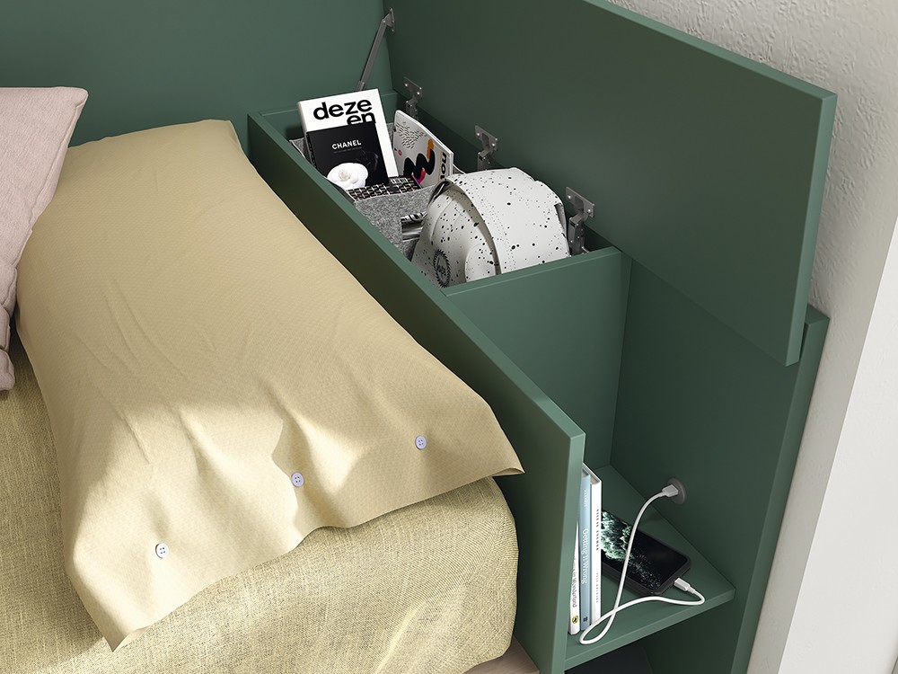 Detalle del cabecero con arcón y estantes, con USB de la composición AD050 de Glicerio Chaves